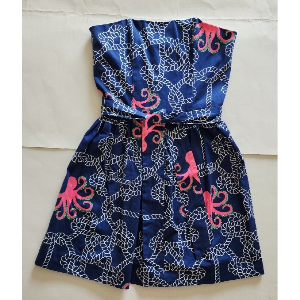 Melly M Strapless Dress Octopus Rope Pink Blue Zipper Back Sea Nautical Sz 4
